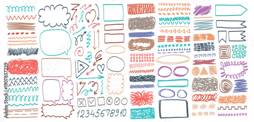 Collection of colorful hand-drawn doodle elements including arrows, speech bubbles, scribbles, numbers, lines, checkboxes, and sketchy shapes.
