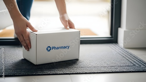 Person delivering pharmacy medication package to front door step