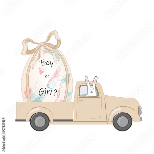 Happy bunny driving a vintage truck with Easter egg decorated with blue and pink spots and strokes. Boy or Girl text. Baby gender reveal party design element. Vector isolated illustration