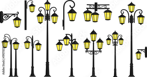 Street Lamp Vector Illustration Set with Vintage Lantern Light Poles and Decorative Outdoor Lighting Designs for Urban Cityscape and Park Graphics