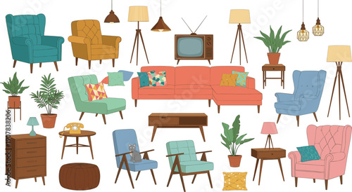 Mid Century Modern Living Room Furniture Vector Illustration Set with Sofa Armchairs Lamps Plants Tables and Home Decor Elements