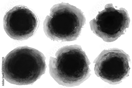 Abstract black ink stains and round watercolor blots. Grunge textures with soft edges and ink bleed effect. Traditional oriental ink wash style for artistic background, labels and zen-inspired.