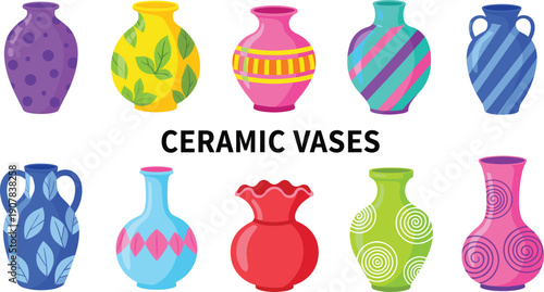 Colorful Ceramic Vase Vector Illustration Set with Decorative Patterns and Modern Pottery Styles for Home Decor Interior Design and Creative Projects