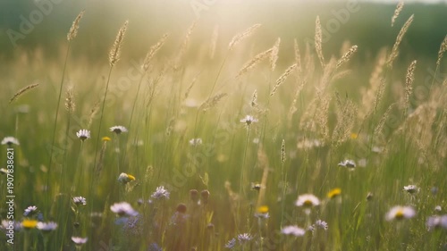 春の草原で、背の高い草と野花が風に揺れる自然風景映像です。
柔らかな自然光とリアルな色合いが、静かで有機的な印象を与えます。
