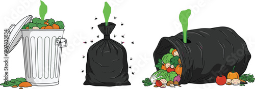 Food Waste and Garbage Disposal Vector Illustration with Trash Can Bags and Organic Leftovers for Recycling Awareness Environmental Posters and Educational Designs