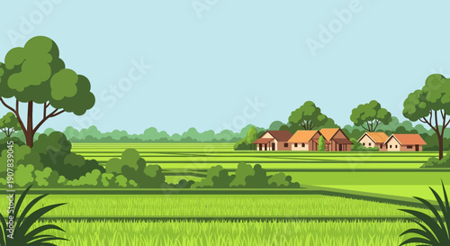 Serene countryside landscape with lush green fields and trees surrounding rural houses from a distant viewpoint