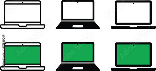 Laptop computer icon set with open screen devices in outline and solid styles. Modern notebook symbols for technology, office, or web design projects. Minimal desktop laptop collection isolated.