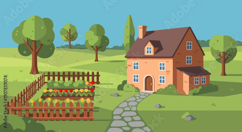 A serene house with a garden and trees viewed from a distance on a sunny day