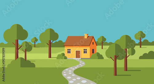 A winding path leads to a cozy house surrounded by lush green trees and bushes in a serene landscape viewed from a distance.