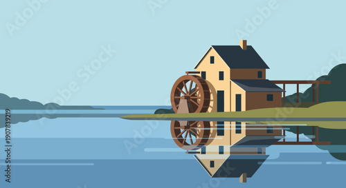 A traditional watermill building with a large wooden wheel stands peacefully by a calm lake, perfectly reflected in the still water.