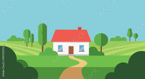 A charming white house with a red roof nestled in a vibrant green landscape with a winding path leading to its front door under a clear blue sky.