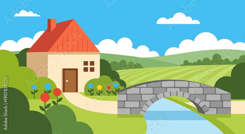 A charming cartoon illustration of a rural landscape featuring a cozy house, a stone bridge over a river, and rolling green hills under a blue sky.