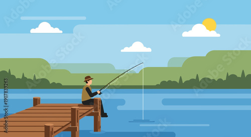 A man sits on a wooden pier, patiently fishing in a tranquil blue lake under a clear sky with distant green hills.