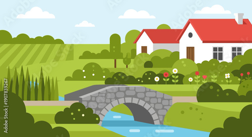 Peaceful rural landscape illustration with two white houses, red roofs, a stone bridge over a blue river, and vibrant green fields.