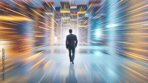 Businessman walking through light tunnel fast.
