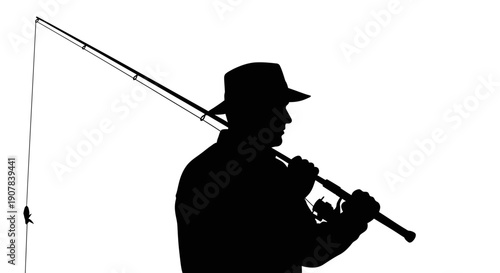 Silhouette of a person wearing a hat, carrying a fishing rod over their shoulder against a white background.