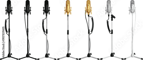 Studio Microphone Vector Illustration Set with Professional Condenser Mics on Stands for Podcast Recording Music Production Broadcasting and Audio Equipment Designs