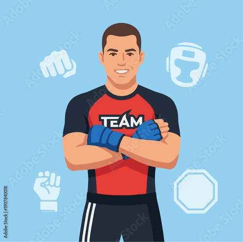 Friendly MMA Fighter Portrait
Flat vector illustration of a friendly MMA fighter smiling confidently, wearing gloves and shorts. Simple background with combat sport icons. Flat vector style ideal