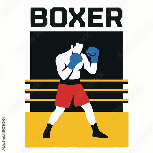 21A clean, flat vector illustration of a boxer in a traditional fighting stance. The boxer has boxing gloves raised defensively near their face, with the body angled and knees slightly bent. 