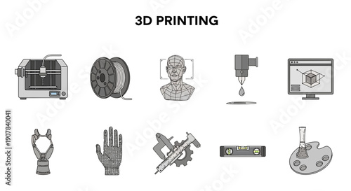Illustration showing ten icons related to 3D printing technology and applications