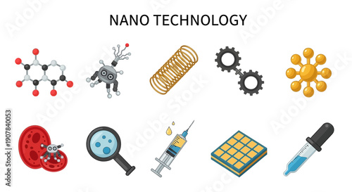 Nanotechnology concept icons including a molecule nanorobot spring gears and lab tools
