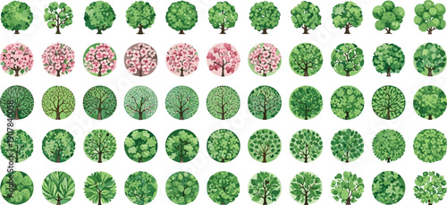 tree icon collection nature forest greenery botanical illustration vector design seasonal foliage round symbols ecology