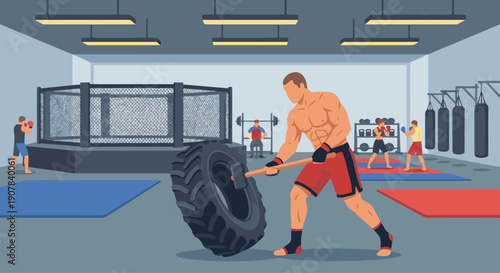MMA Fighter Training in Gym
Flat vector illustration of an MMA fighter training in a gym environment. Mats, cages, and equipment visible. Flat vector style, professional training scene.