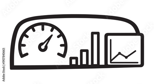 Hand drawn icon depicting a dashboard cluster with a speed gauge bar charts and a line graph