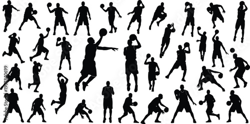 basketball player silhouette collection sport athlete action motion dunk dribble shoot jump vector illustration game training