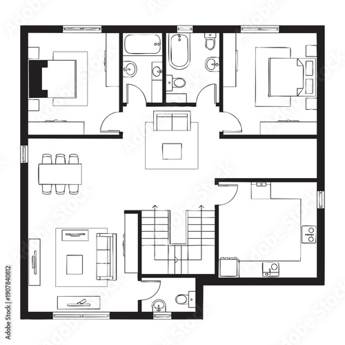 Black and white floor plan of a multi-room apartment with detailed room layouts and furniture