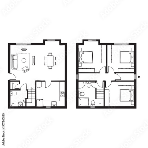 Two black and white floor plans of apartment layouts with furniture and bathroom fixtures