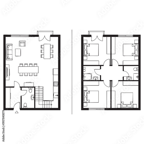 Two black and white floor plans of small apartments with furniture and fixtures