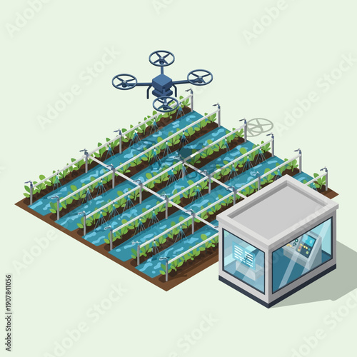 Modern vertical farm with drone and control room.