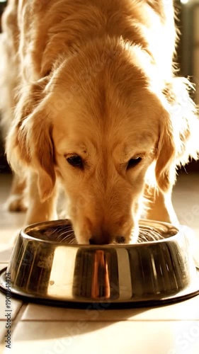 A beautiful golden retriever dog enjoys a meal from its shiny l bowl on a tiled