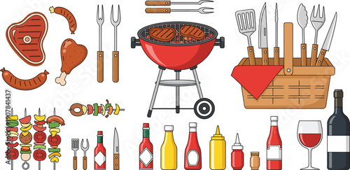 BBQ Grill Vector Illustration Set with Barbecue Food Tools Sauces Skewers and Cooking Accessories for Outdoor Picnic Party and Culinary Designs