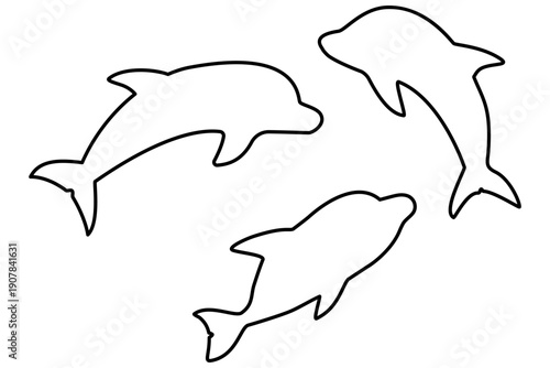 3頭の泳ぐイルカの線画セット