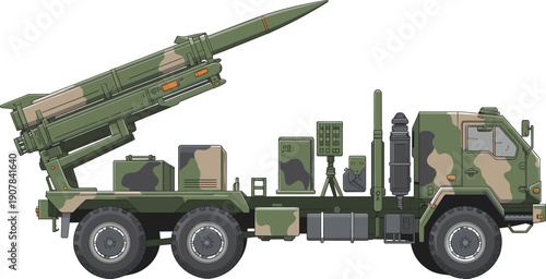 Military,missile,launcher,vehicle,truck,rocket,army,defense,weapon,technology,combat,system,transport,camouflage,vector,illustration,isolated,modern,security,engineering