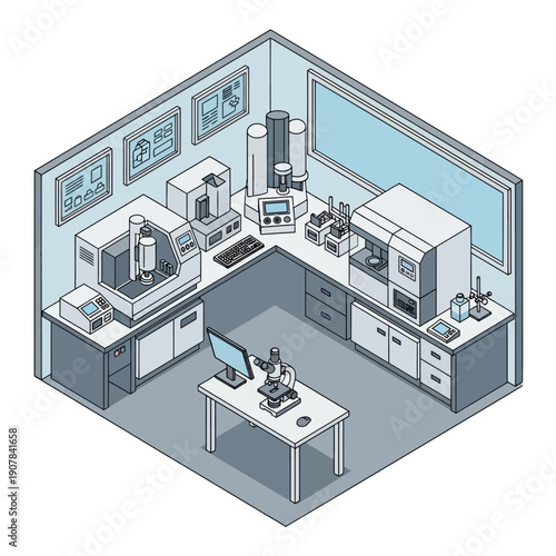 Modern Laboratory Interior with Scientific Equipment and Workstations.