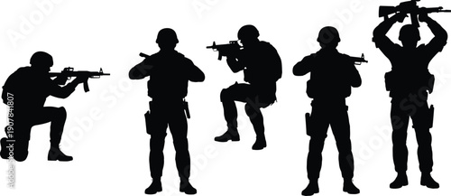 military,soldier,silhouettes,tactical,combat,team,rifle,action,poses,army,training,security,forces,warfare,illustration,black,armed,men,defense,operations