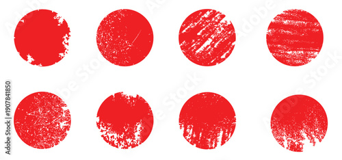 Red Sun Circle Brush Stamp Set, Hand Drawn Ink and Water Color Paint Textures, Grunge Asian Style Badge Elements Vector