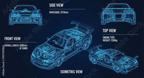 Car Wireframe Design Multiple Views.