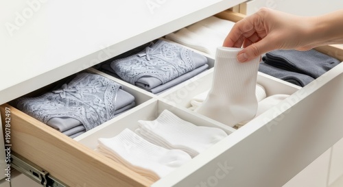 Woman's hand choosing white socks from a neatly organized dresser drawer, showcasing folded underwear and hosiery for daily wear.