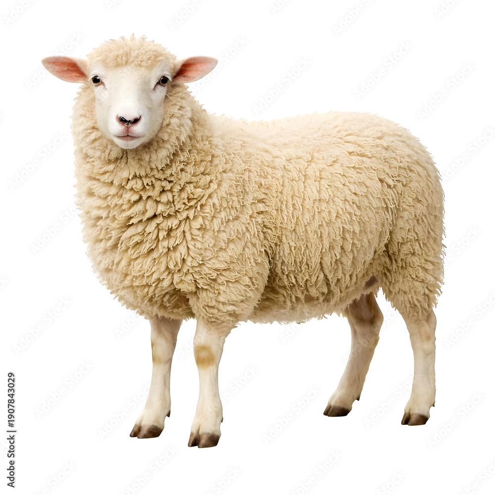Fototapeta premium Fluffy white sheep standing with curly wool isolated on transparent background