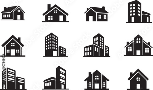 Collection of various house and building silhouettes