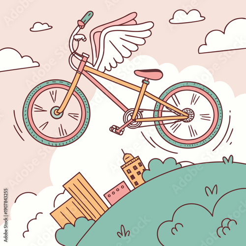 Whimsical illustration of a failed flying bicycle suspended comically mid-air, symbolizing creative struggles.