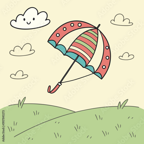A whimsical illustration of a failed flying umbrella hovering comically just above the ground, depicting impractical ideas.
