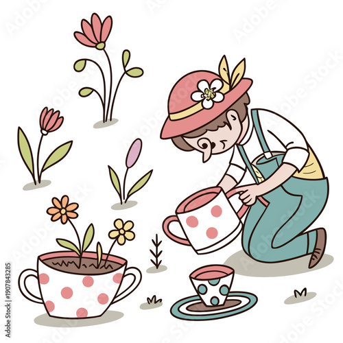 Whimsical illustration of a failed gardener playfully growing plants inside teacups, symbolizing unconventional growth.