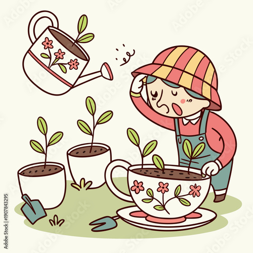 Playful vector art of a failed gardener cultivating plants inside teacups, representing creative and unusual projects.