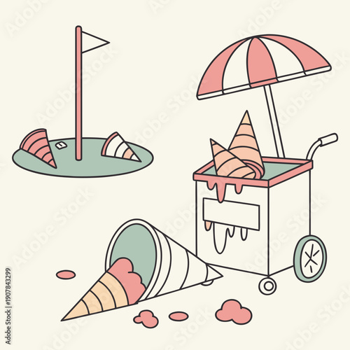 Humorous illustration of a failed ice cream vendor whose cart is melting everything, depicting the challenges of summer.