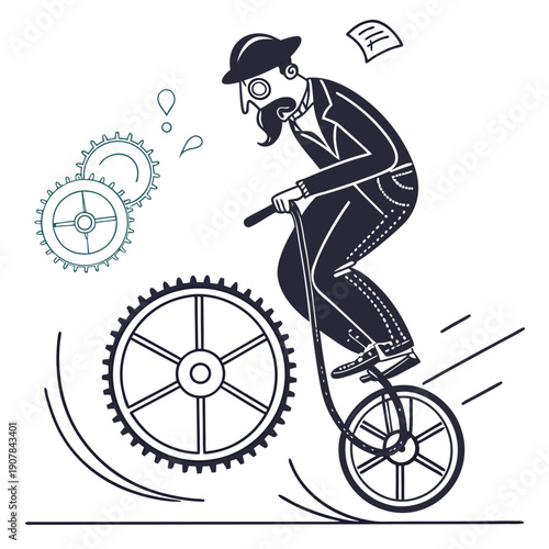 Whimsical illustration of a failed inventor riding a wobbly unicycle machine, symbolizing precarious progress and quirky endeavors.